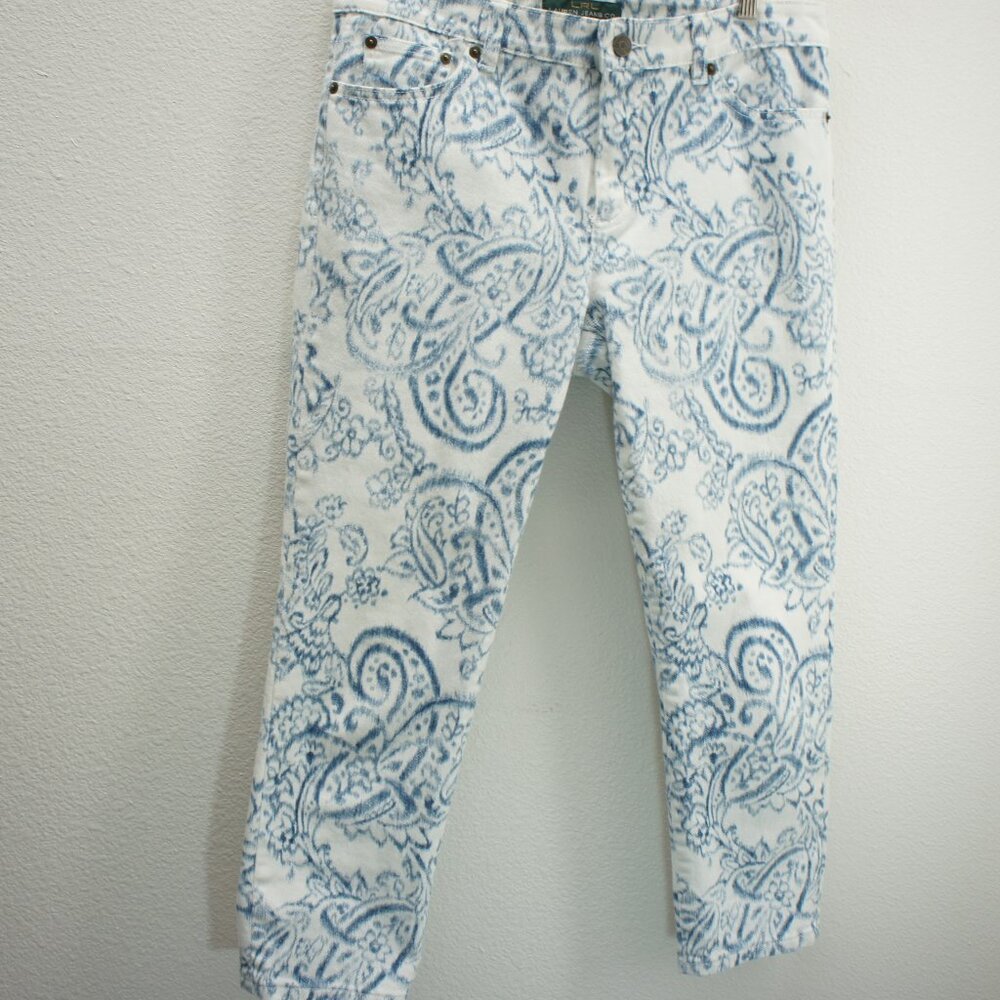 LRL Lauren White & Blue Floral Classic Straight Cropped Denim Jeans size 8